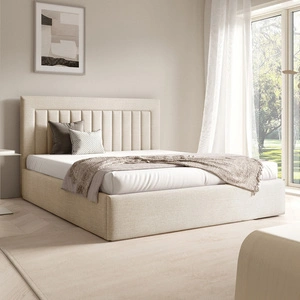 Łóżko tapicerowane Togo 140x200 kremowe eleganckie i funkcjonalne łóżko do sypialni gustowne pionowe przeszycia na wezgłowiu