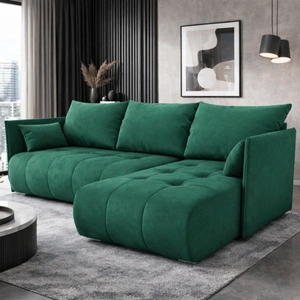 Narożnik z funkcją spania Selva butelkowa zieleń uniwersalny narożnik z pojemnikiem na pościel komfortowa tkanina typu plusz