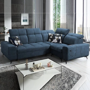 Narożnik z funkcją spania Buffalo II niebieski prawostronny funkcjonalny i stylowy narożnik rozkładany z regulowanymi zagłówkami