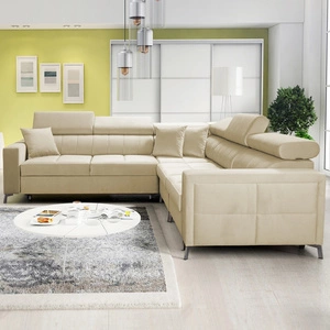 Narożnik z funkcją spania Nausa IV beżowy prawostronny velvet dekoracyjne przeszycia na siedzisku narożnik z pojemnikami na pościel