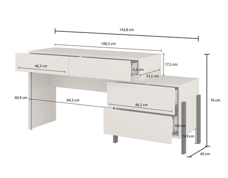 Biurko z komodą Jukon S 143 cm beżowe elegancka forma mebla w nowoczesnym stylu system otwierania push to open metalowe czarne nogi