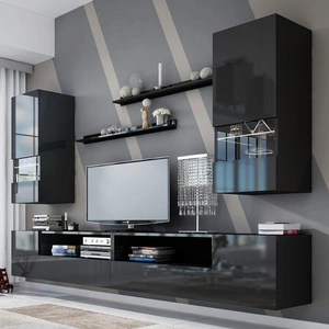 Meblościanka Parga czarna / czarny połysk uniwersalna meblościanka do salonu o lekkiej stylistyce idealnie wkomponuje się w każde wnętrze