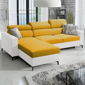 Narożnik z funkcją spania Savona żółty / biały lewostronny elegancki narożnik z regulowanymi zagłówkami dekoracyjne przeszycia