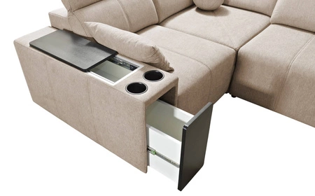 Narożnik z funkcją spania Tesalia niebieski prawostronny nowoczesny design komfortowe przesuwane oparcie szuflada w boczku mebla