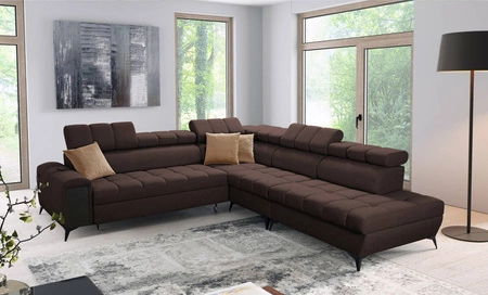 Narożnik z funkcją spania Bolmso IX brązowy prawostronny komfortowy narożnik do salonu z szufladą pojemniki na pościel stylowy design
