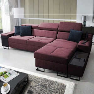 Narożnik z funkcją spania Alcamo burgundowy prawostronny elegancki i stylowy narożnik z dostawką praktyczna szuflada w boczku mebla