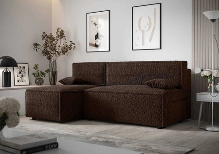 Narożnik z funkcją spania Brandon brązowy lewostronny miękka tkanina o charakterystycznej pętelkowej powierzchni pojemnik na pościel