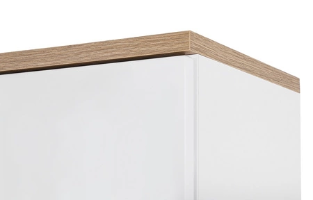 Słupek łazienkowy Bali 60 cm biały połysk / dąb wotan stylowa pojemna szafka do łazienki z frezowanymi uchwytami stabilna podstawa