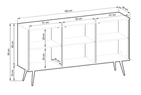 Komoda Luxury 160 cm biała elegancki design korpus zwieńczony złotą listwą komoda wsparta na wysokich metalowych nogach