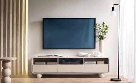 Szafka RTV Bion 160 cm beżowa stylowa szafka pod telewizor w oryginalnym stylu zaoblony kształt designerskie nogi w kształcie kul