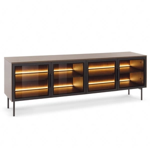 Szafka RTV Lumi 181 cm dąb dunin designerska stylistyka szafki pod telewizor z przeszklonymi frontami i klimatycznym oświetleniem ledowym