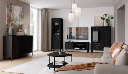 Komoda Malumi 103 cm czarna elegancka i funkcjonalna komoda do nowoczesnych wnętrz subtelny wzór jodełki na frontach push to open