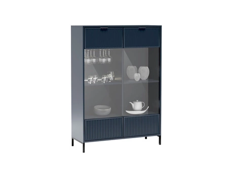 Zestaw mebli do salonu Linka indigo stylowe meble z ciekawym wzorem na frontach w postaci frezowanych ryfli czarne metalowe nogi