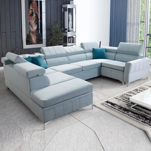 Narożnik z funkcją spania Rava V błękitny lewostronny komfortowy narożnik z pojemnikami na pościel oraz wielofunkcyjną lampką