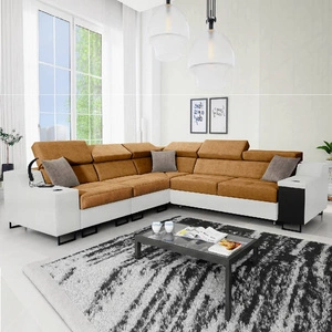 Narożnik z funkcją spania Alcamo III miodowy / biały lewostronny funkcjonalny narożnik z szufladą w boczku dwa pojemniki na pościel