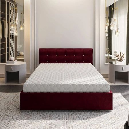 Łóżko tapicerowane Mona 140x200 bordowe z pojemnikiem w nowoczesnym skandynawskim stylu z pikowanym zagłówkiem z kryształkami