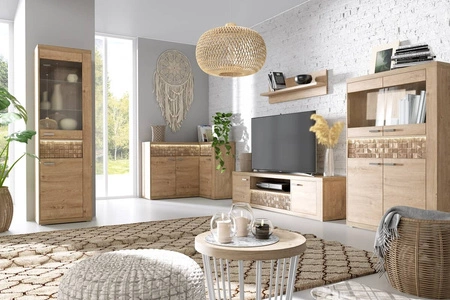 Szafa narożna Natural dąb ribbeck funkcjonalna szafa wyposażona w drążek na ubrania wiszące i półki metalowe srebrne uchwyty