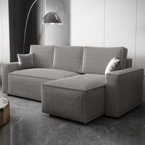 Narożnik z funkcją spania Nelo jasny szary prawostronny praktyczny i nowoczesny narożnik pokryty sztruksową tkaniną pojemnik na pościel