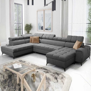 Narożnik z funkcją spania Bolmso VI grafitowy prawostronny wygodny narożnik z regulowanymi zagłówkami dekoracyjne pikowania na siedzisku