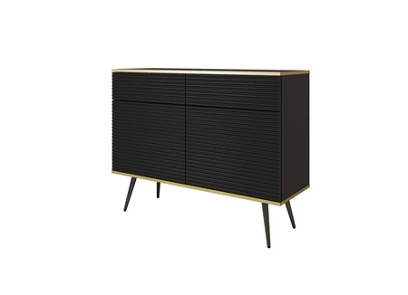 Komoda z szufladami Luxury 107 cm czarna stylowa komoda z ryflowanymi frontami korpus zwieńczony złotą listwą czarne metalowe nogi