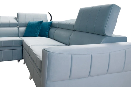 Narożnik z funkcją spania Rava VII jasny beż lewostronny praktyczny i nowoczesny narożnik do salonu z regulowanymi zagłówkami