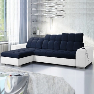 Narożnik z funkcją spania Luigi granatowy / biały lewostronny narożnik z dwoma pojemnikami na pościel tkanina o ciekawej strukturze