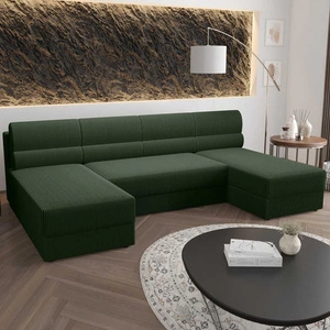 Narożnik z funkcją spania Fogu U zielony komfortowy i stylowy narożnik o prostym designie sztruksowa tkanina pojemnik na pościel