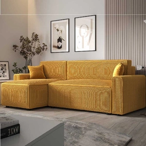 Narożnik z funkcją spania Brandon Bis miodowy lewostronny trójwymiarowa tkanina o wyrazistych prążkach pojemnik na pościel