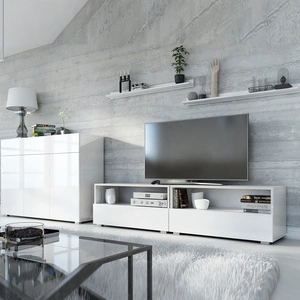 Meblościanka Pitagorio biała / biały połysk nowoczesny design system otwierania drzwi i szuflad push to open zestaw mebli z komodą