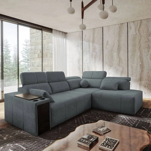 Narożnik z funkcją spania Tesalia VII szary prawostronny nowoczesny design komfortowe przesuwane oparcie szuflada w boczku mebla