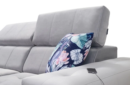 Narożnik z funkcją spania Hampton VI granatowy prawostronny funkcjonalny narożnik do salonu z ruchomą dostawką oraz półką