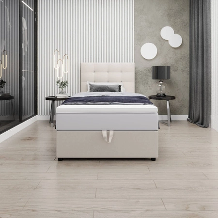 Łóżko kontynentalne Kingston 120x200 beżowe w nowoczesnym skandynawskim stylu z tapicerowanym zagłówkiem z kryształkami łóżko z pojemnikiem