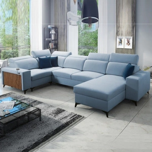 Narożnik z funkcją spania Kelly IV błękitny prawostronny velvet komfortowy narożnik regulowane zagłówki bok wykończony lamelami