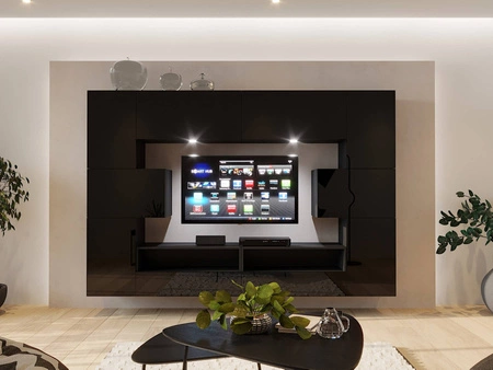 Meblościanka Serwia czarna / czarny połysk stylowe bezuchwytowe bryły designerska meblościanka do salonu lub pokoju dziennego