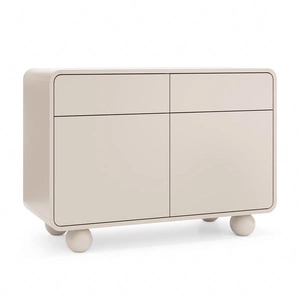 Komoda z szufladami Bion 108 cm beżowa designerska komoda o obłych kształtach oryginalne nogi w kształcie kul przyciągają wzrok