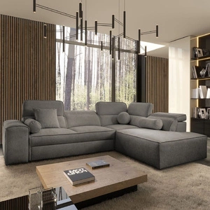 Narożnik z funkcją spania Viano VII szary prawostronny modny i stylowy narożnik z regulowanymi zagłówkami ozdobne poduszki