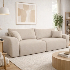 Kanapa rozkładana Fiesta jasny beż funkcjonalna sofa do salonu z pojemnikiem na pościel elegancki wygląd pluszowa tkanina