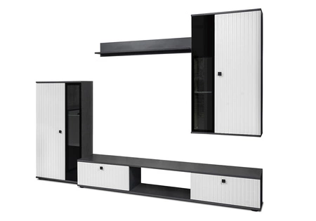 Meblościanka Senja matera / biała nowoczesny design ozdobne ryflowane fronty z metalowymi uchwytami