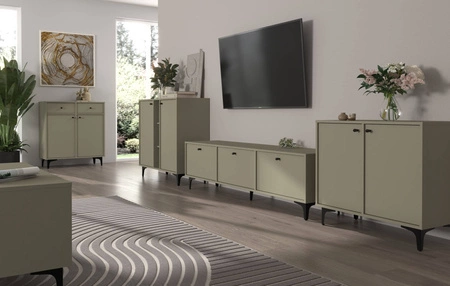 Komoda Kioto I 125 cm eukaliptus minimalistyczna forma idealna komoda do sypialni salonu lub pokoju młodzieżowego czarne dodatki