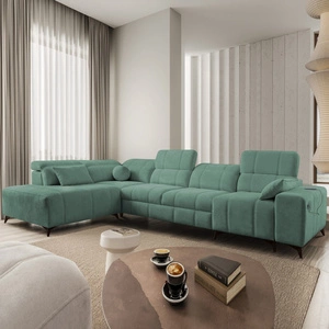 Narożnik z funkcją spania Penejos XI zielony lewostronny wygodny narożnik z regulowanymi zagłówkami i dwoma pojemnikami na pościel