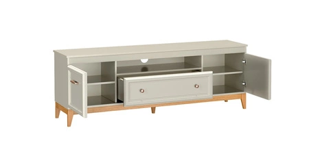 Szafka RTV Windsor 179 cm beżowy / dąb stylowa szafka o klasycznym designie wsparta na drewnianej podstawie uchwyty w kolorze miedzi