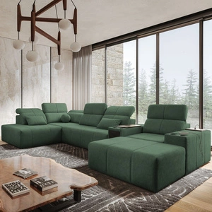 Narożnik z funkcją spania Tesalia V miętowy prawostronny komfortowy narożnik z szufladą oraz funkcją przesuwanego oparcia