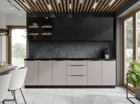 Zestaw mebli kuchennych Black / Tarraco 260 cm metalowe uchwyty krawędziowe szafki doskonale prezentują się w nowoczesnych wnętrzach