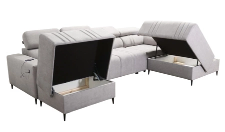 Narożnik z funkcją spania Castel VI błękitny lewostronny wygodny i elegancki narożnik z dwoma pojemnikami na pościel