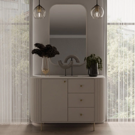 Komoda z szufladami Ovalio 123 cm beżowa elegancka komoda o wyjątkowo stylowym designie owalny kształt podkreślony frezowaniami