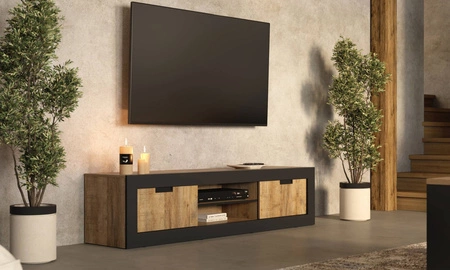 Szafka RTV Tudor 180 cm dąb samdal / czarny z drzwiami przesuwnymi idealna do wnętrz w stylu industrialnym do salonu lub pokoju dziennego