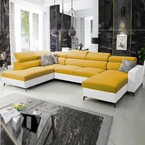 Narożnik z funkcją spania Savona VI żółty / biały prawostronny elegancki i komfortowy narożnik do salonu dwa pojemniki na pościel