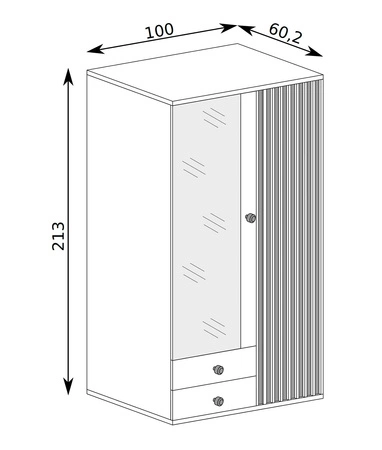 Szafa z lustrem Cali 100 cm dąb artisan / czarny drzwi szafy ozdobione lamelami w kolorze dębu czarne uchwyty