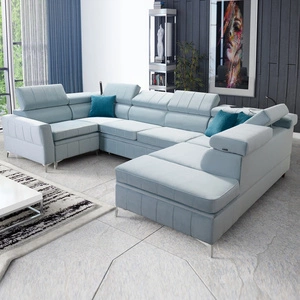 Narożnik z funkcją spania Rava V błękitny prawostronny komfortowy narożnik z pojemnikami na pościel oraz wielofunkcyjną lampką