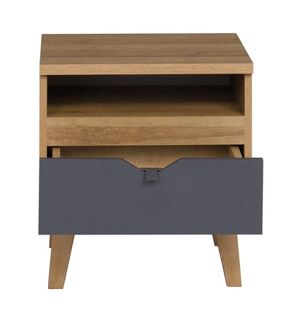 Szafka nocna z szufladą Memone dąb złoty/ grafitowy stylowa szafka do sypialni lub pokoju młodzieżowego w stylu skandynawskim